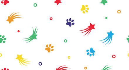 Naklejka premium Seamless pattern featuring colorful paw prints and stars with comets on a white background for pet and animal themed design projects.