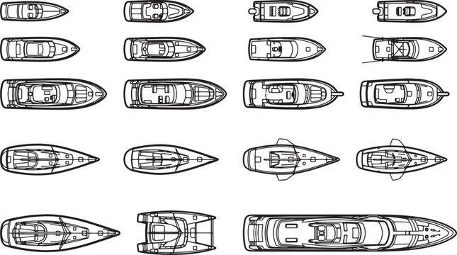 Variety of stylized boat top view in a monochrome illustration, ideal for design project or nautical concept.