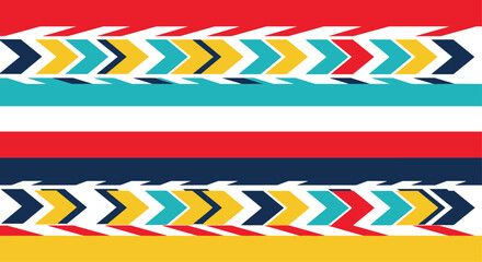 Abstract geometric pattern with horizontal stripes and colorful chevron arrow shapes in vibrant red yellow and navy blue tones.