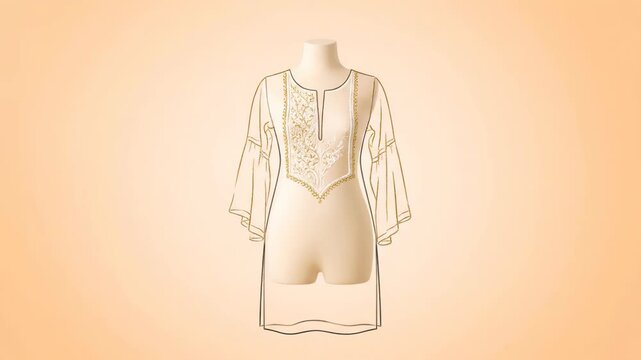 A line drawing transforms into a beautiful embroidered yellow tunic. This elegant garment appears on a mannequin, showcasing its design.
