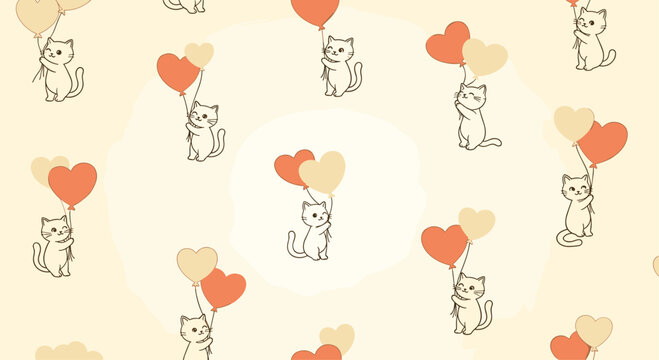 Adorable seamless pattern with small white cats holding heart shaped balloons on a warm cream background for romantic or cute themes.