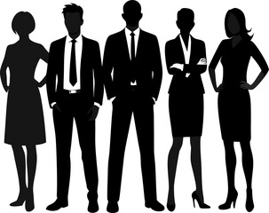 silhouettes of people man and women group of standing people. business man and woman standing silhouette. Set of business people silhouette, man and woman team.  white background.