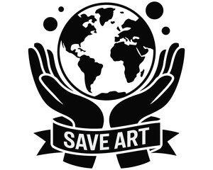 Hands holding planet Earth with save art banner.