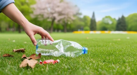 Hand Picking Up Plastic Bottle from Grass in a Beautiful Park Setting