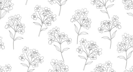 Delicate black and white seamless pattern with hand drawn floral sketches of small flowers and leaves on a clean white background.
