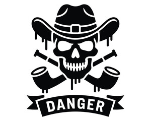 Skull wearing a cowboy hat with pipes and danger.