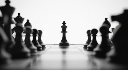 Chess Game with Black Pieces Leading to a Focused King in Minimalist Black and White Setting
