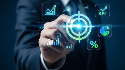 Fototapeta premium Businessman interacting with virtual data analysis graphs and charts on a digital interface in a professional setting with a suit