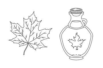 Maple syrup bottle and autumn leaf line art illustartion.