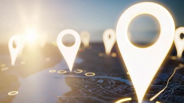Glowing location pins on map at sunrise, GPS navigation, geolocation technology, route planning, travel destination, mapping system, location tracking, digital map, global positioning, navigation  4K