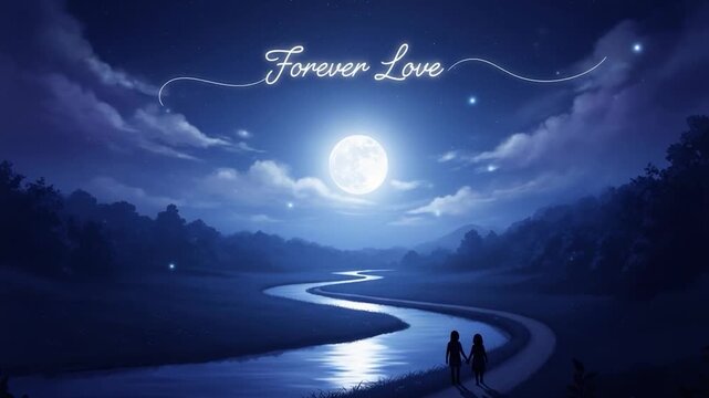 Eternal Bond: Under the serene moonlight, a path winds along a calm river, guiding two figures in a silent testament to enduring love, the stars twinkle.