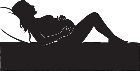 A  pregnant women laying down on bed and the pose is before born baby  in black and white silhouette vector with transparent background  © Umar