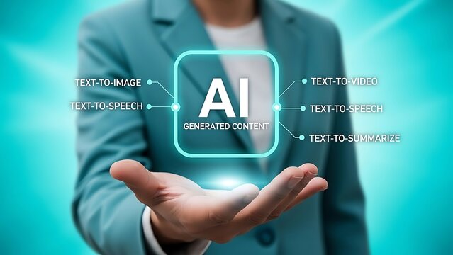 Businessman presenting AI generated content on palm of hand with text to image video speech and summarize icons  futuristic technology concept