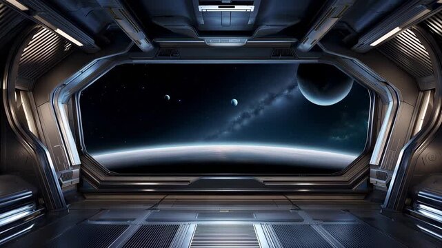 Futuristic spaceship interior with panoramic window overlooking planet and stars, sci fi spacecraft cabin, space travel, deep space exploration, cosmic view, advanced technology, universe concept