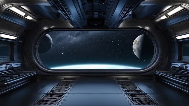 Futuristic spaceship interior with panoramic window overlooking planet and stars, sci fi spacecraft cabin, space travel, deep space exploration, cosmic view, advanced technology, universe concept 4K