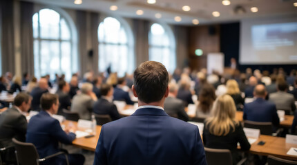Fototapeta premium Professional speaker addressing a large audience at a business conference or seminar, seen from behind in an elegant meeting room