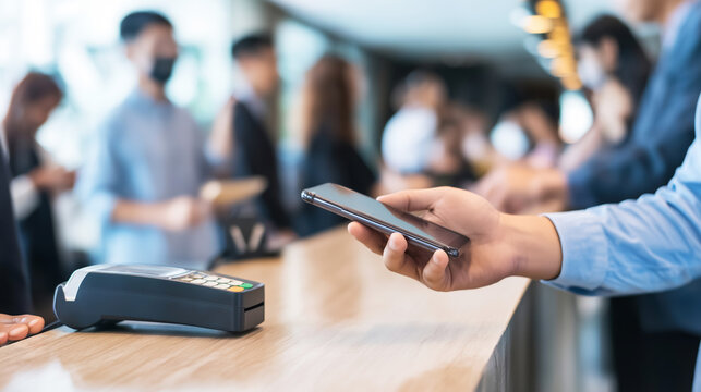 Hand holding a mobile phone near a card reader terminal, making an NFC payment in a store checkout line