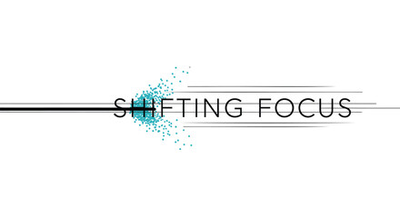 Vector logo with blue particle effect, 'Shifting Focus' text, modern design element for branding or marketing materials, isolated on transparent background, png