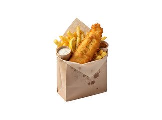 Fish and chips wrapped in a brown paper bag, set against a white background. A classic British meal.