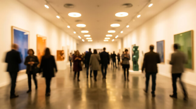 Blurred motion of people walking through a modern art gallery, viewing contemporary paintings and sculptures in an exhibition