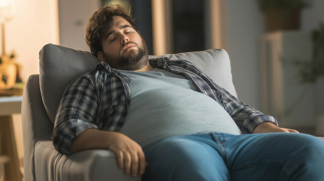 Overweight man sleeping in armchair, resting during evening, representing comfort, obesity, and an unhealthy lifestyle