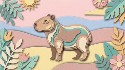 Fototapeta premium Whimsical paper cut capybara illustration with layered pastel landscape tropical leaves colorful flowers and a sun