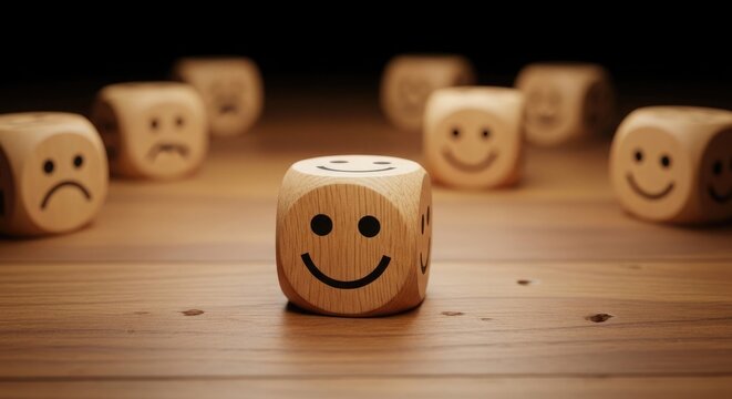 A smiley wooden dice standing out from other dice with various sad and happy emoticon faces on a wooden surface  representing positive emotions and happiness
