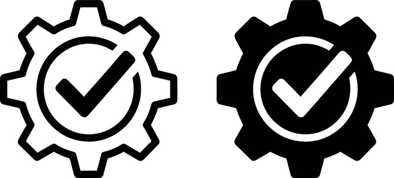 Black and white gear with checkmark cogwheel tick symbol