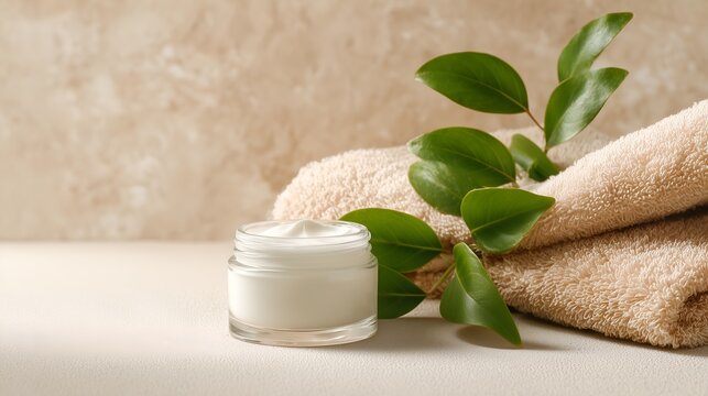 Clean beauty and skincare background with cream jar, towel and green leaves. Perfect for cosmetic brands, dermatology blogs and spa promotion.
