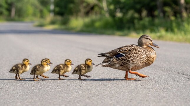 Mother duck leading ducklings across the road in green countryside  