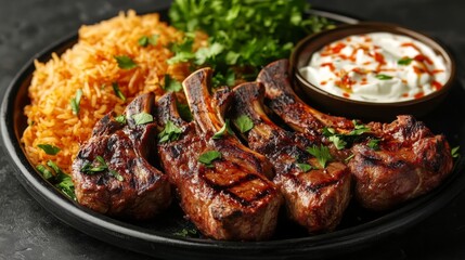 Grilled Lamb Chops Served with Rice and Yogurt Sauce