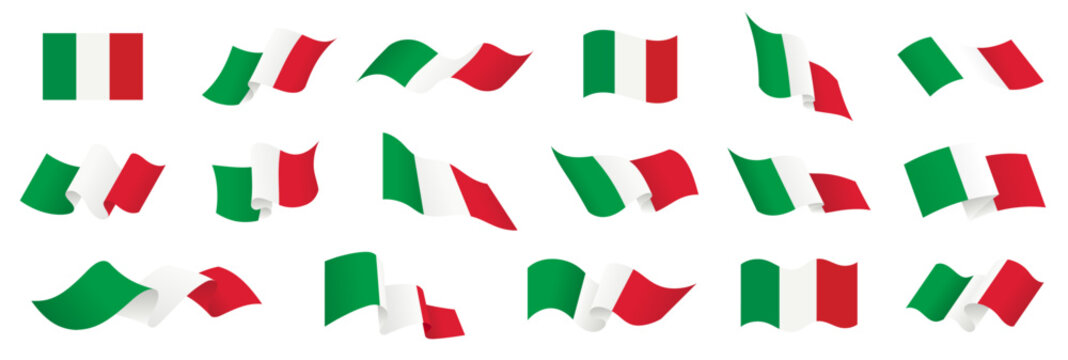 Italy flag set, Italian flag icon symbol, 3D waving flag