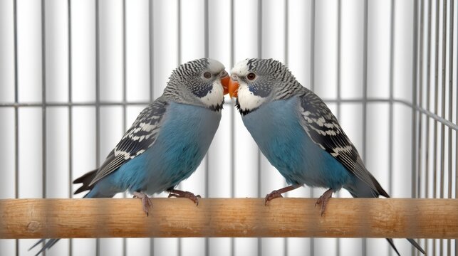 Two blue parrots with orange beaks perched on a wooden stick inside a cage