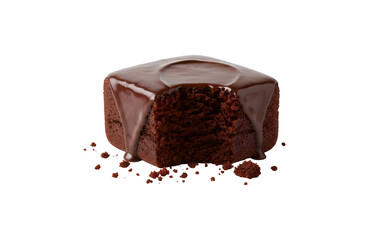 A square of chocolate cake topped with chocolate icing, sitting alone on a white background. It's crumbled with some crumbs scattered around.

