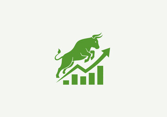 Simple flat vector app icon of bull market symbol, solid bull silhouette with upward chart arrow