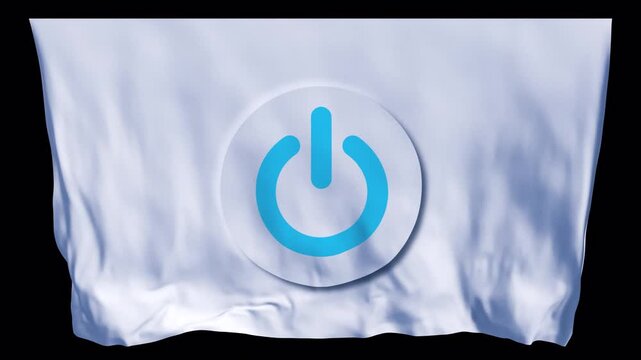 Waving white fabric flag featuring minimal power button icon. Clean modern energy control technology activation digital concepts. Technology visuals UI design presentations startups innovation themes 