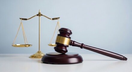 Golden judge gavel and balance scales on light neutral background