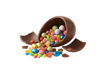 A shattered chocolate egg filled with vibrant candies on a white backdrop