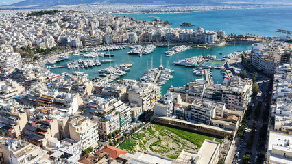Naklejka premium Aerial drone photo of archaeological museum of Piraeus and ancient theatre in small marina of Zea, Piraeus, Attica, Greece