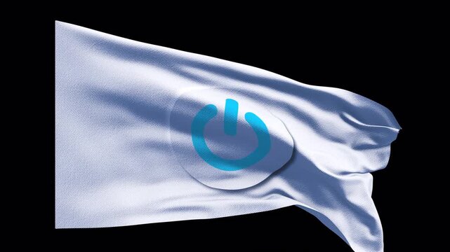 Waving white fabric flag featuring minimal power button icon. Clean modern energy control technology activation digital concepts. Technology visuals UI design presentations startups innovation themes 