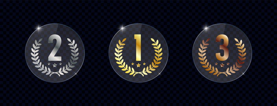Glass plates for winning places with wreath frame. Glass award medals - 1, 2 and 3 place. Golden, silver and bronze laurel wreaths with first, second and third place signs on acrylic plates. Vector