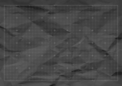 Black square grid on crumpled paper texture. Realistic black blueprint grid with dots, lines and cross markers on crumpled paper background. Square graph texture on horizontal wrinkled sheet. Vector