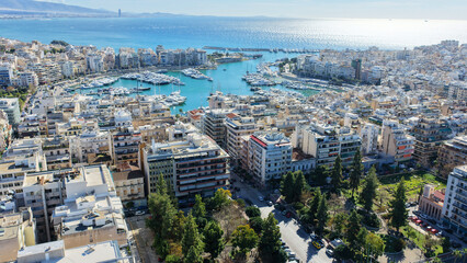 Obraz premium Aerial drone photo of famous port and Marina of Zea or Pasalimani in the heart of Piraeus, Attica, Greece