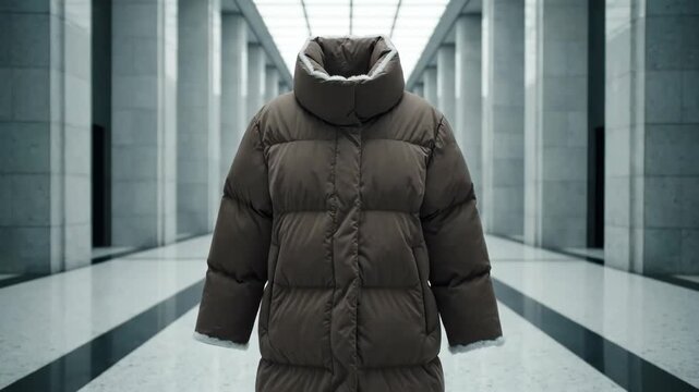A stylish brown puffer jacket inflates in a modern hallway. Its cozy white lining adds warmth and comfort to the design.
