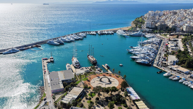 Aerial drone photo of famous port and Marina of Zea or Pasalimani in the heart of Piraeus, Attica, Greece