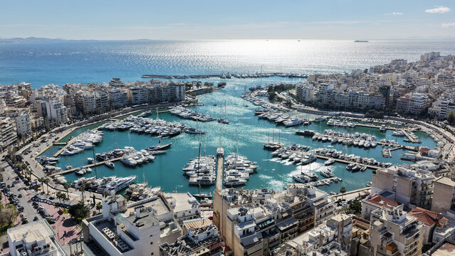 Aerial drone photo of famous port and Marina of Zea or Pasalimani in the heart of Piraeus, Attica, Greece