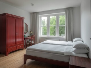 Fototapeta premium Cozy bedroom with large windows and a red wardrobe by the bed
