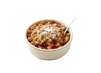 Oven-baked apples and cranberries topped with a Brazil nut crumble, set against a white background