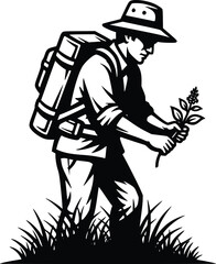 Fototapeta premium Environmental Scientist Field Observation Silhouette Ecology Research Black Vector