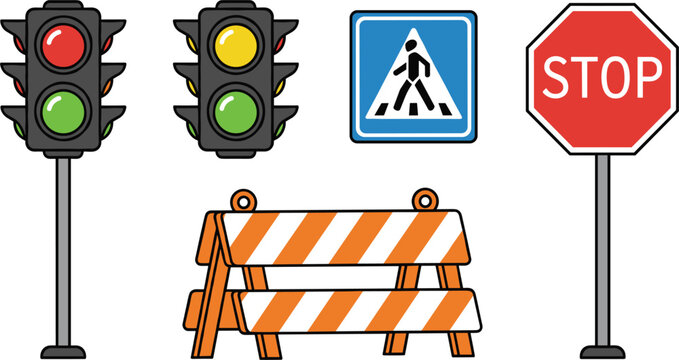 Traffic Light and Road Sign Collection with Stop Sign and Barrier Flat Vector Illustration Isolated on White Background